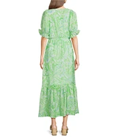 Calessa Petite Size Paisley Print V-Neck Elbow Sleeve Tiered Midi Dress
