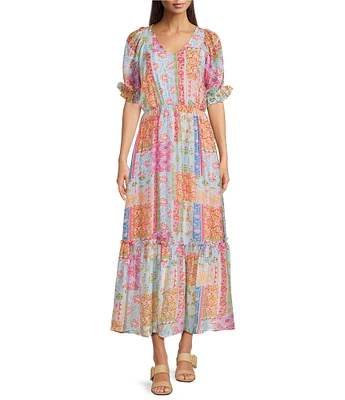 Calessa Petite Size Patchwork Mosaic Print V-Neck Short Sleeve Tiered Dress