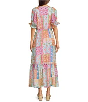 Calessa Petite Size Patchwork Mosaic Print V-Neck Short Sleeve Tiered Dress