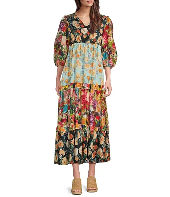 Calessa Petite Size Patchwork Print V-Neck 3/4 Sleeve Tiered A-Line Dress
