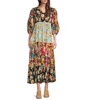 Calessa Petite Size Patchwork Print V-Neck 3/4 Sleeve Tiered A-Line Dress
