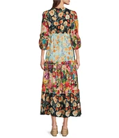 Calessa Petite Size Patchwork Print V-Neck 3/4 Sleeve Tiered A-Line Dress