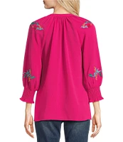 Calessa Petite Size Pebble Crepe Woven Embroidered Split V-Neck Bracelet Length Sleeve Button-Front Tunic