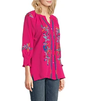 Calessa Petite Size Pebble Crepe Woven Embroidered Split V-Neck Bracelet Length Sleeve Button-Front Tunic