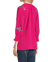 Calessa Petite Size Pebble Crepe Woven Embroidered Split V-Neck Bracelet Length Sleeve Button-Front Tunic