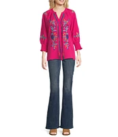 Calessa Petite Size Pebble Crepe Woven Embroidered Split V-Neck Bracelet Length Sleeve Button-Front Tunic