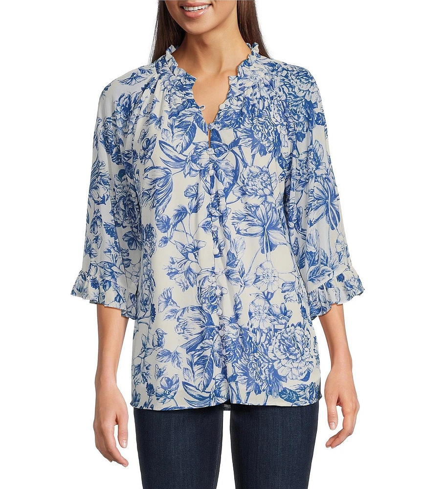 Calessa Petite Size Porcelain Floral Mesh Ruffled Split V-Neck Long Sleeve Button Front Blouse