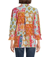 Calessa Petite Size Printed Ruffled Stand Collar Long Sleeve Button Front Tunic