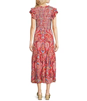 Calessa Petite Size Printed Scoop Neck Short Ruffle Sleeve Dress