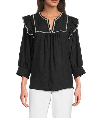 Calessa Petite Size Round Split V-Neck 3/4 Ruffle Sleeve Cross Stitch Trim Tunic