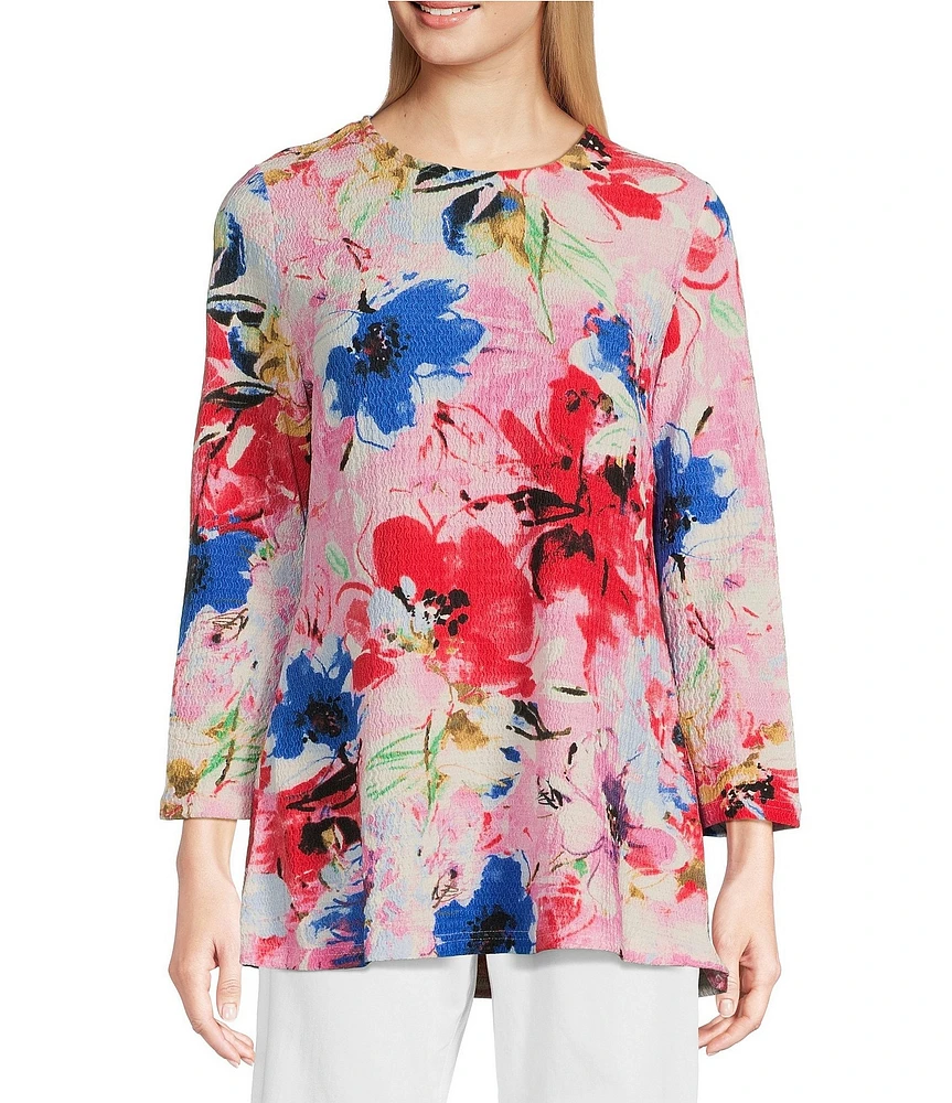 Calessa Petite Size Stretch Knit Floral Crew Neck 3/4 Sleeve Tunic