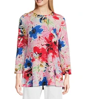 Calessa Petite Size Stretch Knit Floral Crew Neck 3/4 Sleeve Tunic