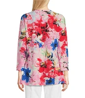 Calessa Petite Size Stretch Knit Floral Crew Neck 3/4 Sleeve Tunic