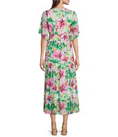 Calessa Petite Size Stretch Mesh Abstract New Floral Print V-Neck Short Sleeve Empire Waist Tiered Dress