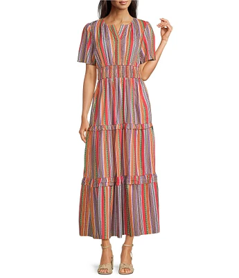 Calessa Petite Size Stripe Round Split Neck Short Sleeve Dress
