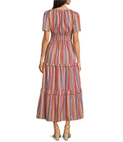 Calessa Petite Size Stripe Round Split Neck Short Sleeve Dress