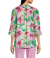 Calessa Petite Size Summer Floral V-Neck Banded Collar Elbow Sleeve Top