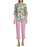 Calessa Petite Size Summer Floral V-Neck Banded Collar Elbow Sleeve Top
