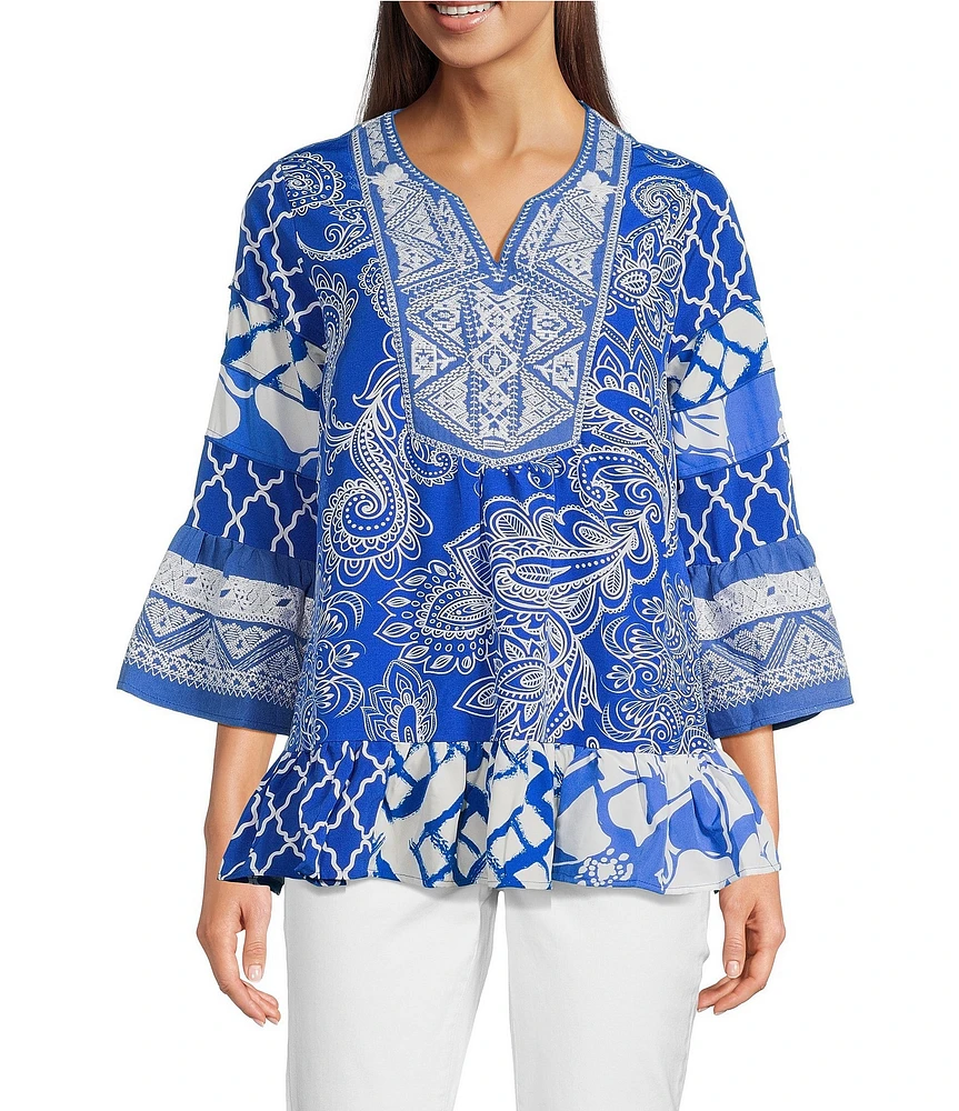 Calessa Petite Size Summer Paisley Split V-Neck Embroidered Tunic