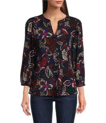 Calessa Petite Size Textured Abstract Print Crew Neck Long Sleeve Top