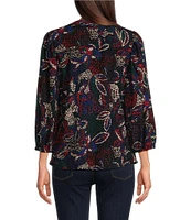 Calessa Petite Size Textured Abstract Print Crew Neck Long Sleeve Top