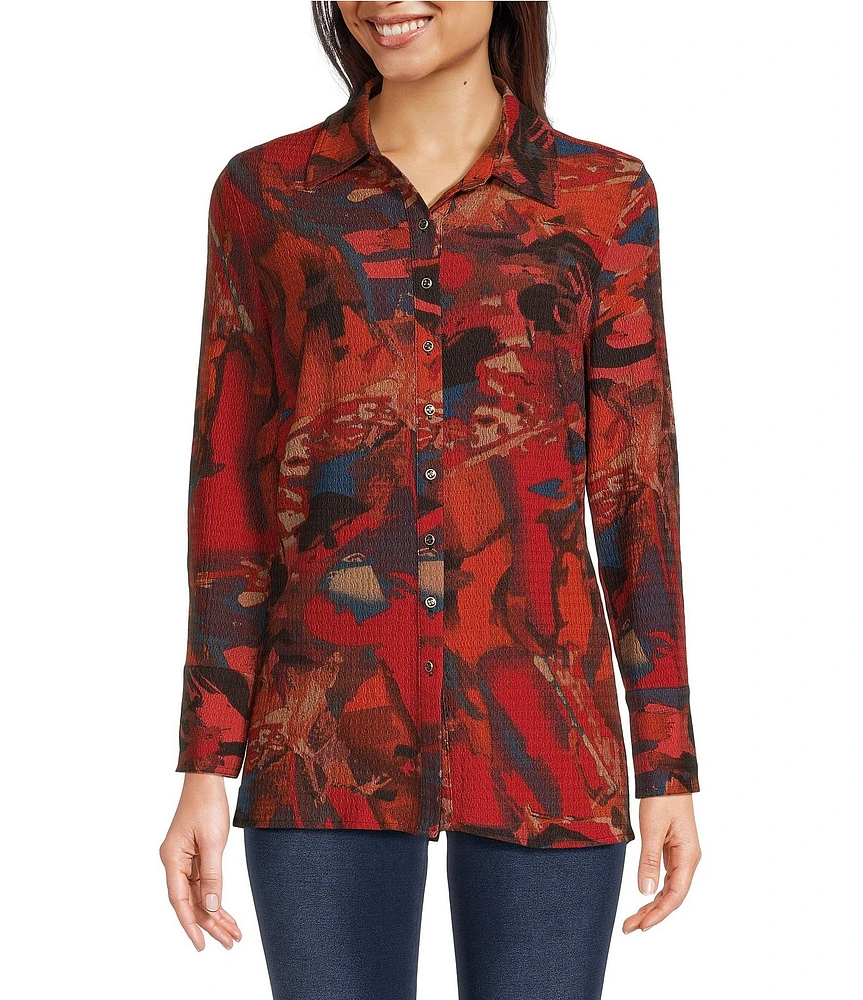 Calessa Petite Size Textured Crinkle Abstract Print Point Collar Long Sleeve Button-Front Blouse