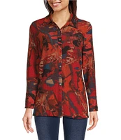 Calessa Petite Size Textured Crinkle Abstract Print Point Collar Long Sleeve Button-Front Blouse