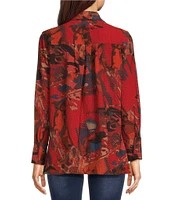 Calessa Petite Size Textured Crinkle Abstract Print Point Collar Long Sleeve Button-Front Blouse