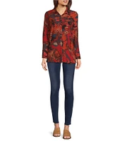 Calessa Petite Size Textured Crinkle Abstract Print Point Collar Long Sleeve Button-Front Blouse