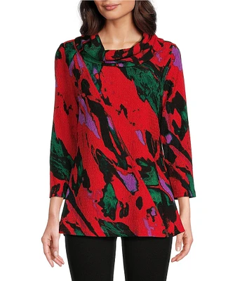 Calessa Petite Size Textured Printed Cowl Neck 3/4 Sleeve Tunic