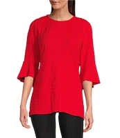 Calessa Petite Size Textured Puckered Knit Crew Neck 3/4 Sleeve Tunic