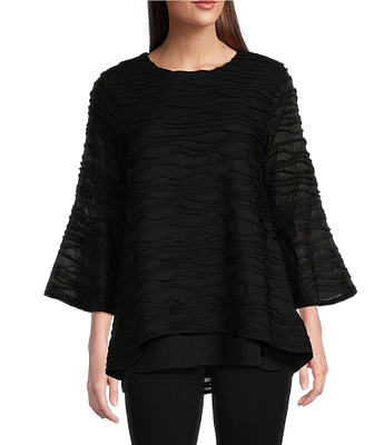 Calessa Petite Size Textured Wave High-Low Knit Scoop Neck Bracelet Sleeve Double Layered Hem Tunic