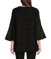 Calessa Petite Size Textured Wave High-Low Knit Scoop Neck Bracelet Sleeve Double Layered Hem Tunic