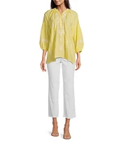 Calessa Petite Size Textured Woven Embroidered Split V-Neck 3/4 Sleeve Tunic
