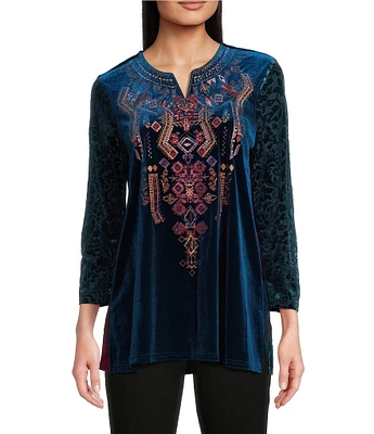 Calessa Petite Size Velvet Embroidered Split Round Neck 3/4 Burnout Tie-Dye Sleeve Tunic