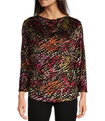 Calessa Petite Size Velvet Knit Abstract Animal Print Drape Neck Long Sleeve Tunic