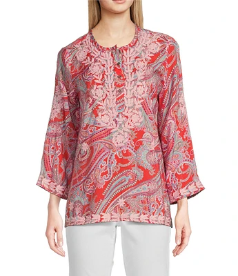 Calessa Petite Size Woven Embroidered Printed Split V-Neck Wrist Length Sleeve Tunic