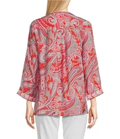 Calessa Petite Size Woven Embroidered Printed Split V-Neck Wrist Length Sleeve Tunic