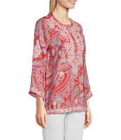 Calessa Petite Size Woven Embroidered Printed Split V-Neck Wrist Length Sleeve Tunic