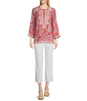 Calessa Petite Size Woven Embroidered Printed Split V-Neck Wrist Length Sleeve Tunic