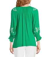 Calessa Petite Size Woven Embroidered Split Round Neck 3/4 Sleeve Straight Hem Button Front Blouse