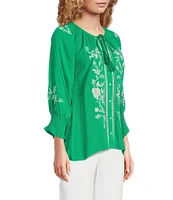 Calessa Petite Size Woven Embroidered Split Round Neck 3/4 Sleeve Straight Hem Button Front Blouse