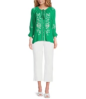 Calessa Petite Size Woven Embroidered Split Round Neck 3/4 Sleeve Straight Hem Button Front Blouse