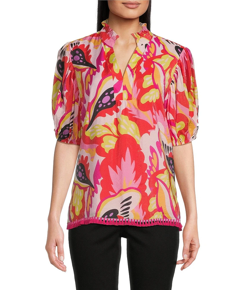Calessa Petite Size Woven Modern Abstract Print Ruffled Split V-Neck Short Sleeve Tunic