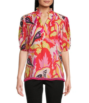 Calessa Petite Size Woven Modern Abstract Print Ruffled Split V-Neck Short Sleeve Tunic