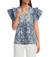Calessa Petite Size Woven Printed Split V-Neck Ruffled Cap Sleeve Top