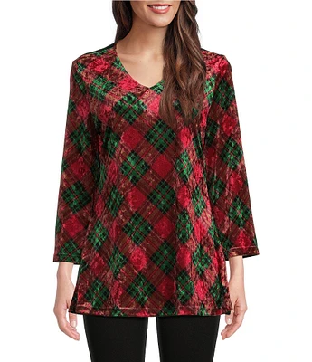 Calessa Plaid Velvet V-Neck 3/4 Sleeve Tunic