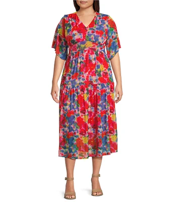 Calessa Plus Size Abstract Brushstroke Print V-Neck Short Sleeve Empire Waist Dress