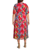 Calessa Plus Size Abstract Brushstroke Print V-Neck Short Sleeve Empire Waist Dress