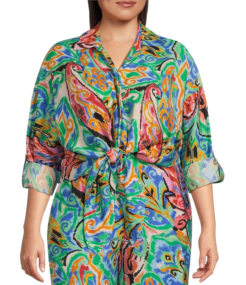 Calessa Plus Size Coordinating Abstract Mosaic Print Point Collar Long Sleeve Tie-Front Blouse